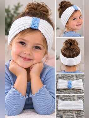 Handmade White Knit Kids Headband Light Blue Accent